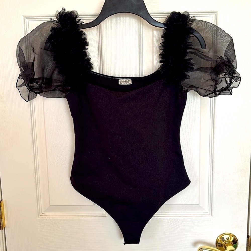 NWOT Free People Intimately Black Bodysuit w/ Sheer Puff Sleeves